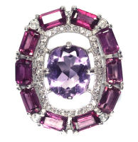 แหวนพลอยแท้ อเมทิสต์ (Amethyst) 8 x 13 mm. ล้อม โกเมนชมพู เพชร-cz เงินแท้ 925 ชุบทองคำขาว ไซร์แหวน 8