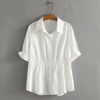 HOT”【มีไซส์ใหญ่】Plus Size XL-4XL Womens Short Sleeve Chiffon Blouses Ladies Solid Color Button Up Office-wear Summer Tops