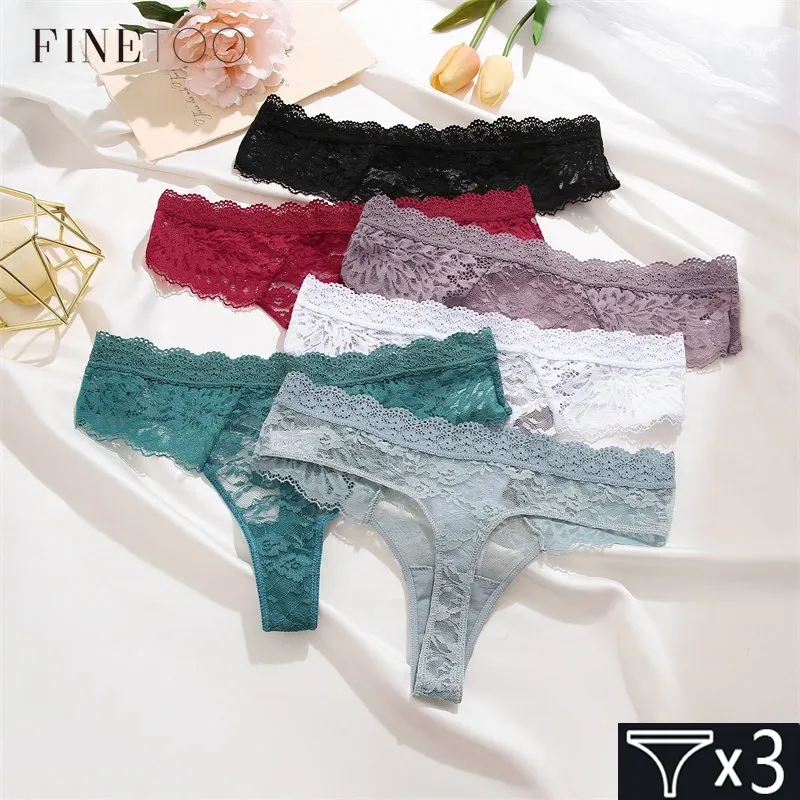 Finetoo 3pcs/Set Lace Thongs Women S-Xl Sexy G-String Floral Low