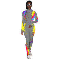 Lucky Label Embroidery Elasitc Hight Bodysuits for Women Splash Ink Graffiti Fitness Jumpsuits High Street Sporting Slim Romper