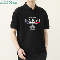 SUEESULE เสื้อเชิ้ตมีปกแขนสั้นสำหรับผู้ชาย,Kaus Polo Garis ครึ่งแขนยางยืดครึ่งแขนผ้าฝ้าย100%