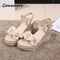 Comemore Female Rhinestone Sandals 2023 Summer Women Round Toe High Heels Fashion Ladies Wedges Heel Shoes Ankle Strap Buckle 40