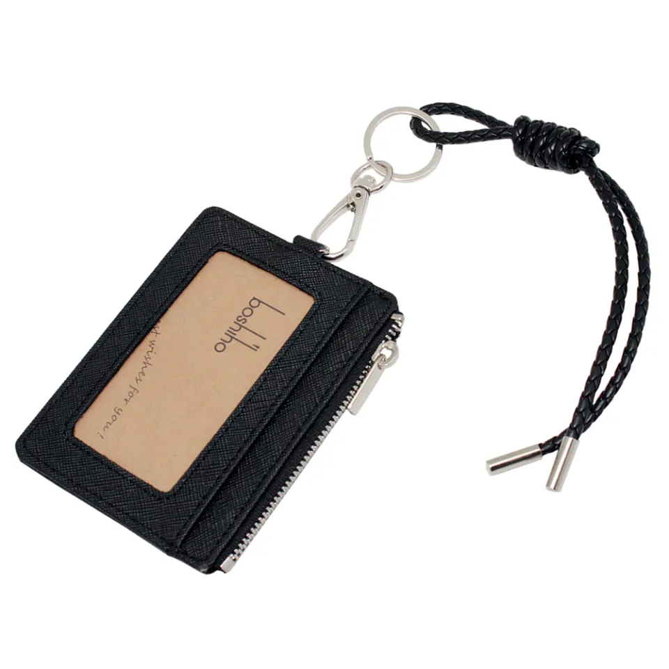  Boshiho Saffiano Leather Badge Holder ID Card Holder Coin  Change Purse with Keychain Lanyard (Black with Keychain) : Office Products