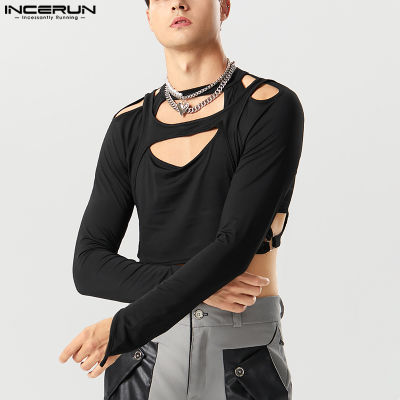 INCERUN เสื้อยืดแขนกลวงออกนิ้วดีไซน์มินิมอลแบบแขนยาวสำหรับผู้ชาย (สไตล์ตะวันตก)