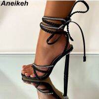 Aneikeh 2024 New CRYSTAL Bling PU Sandals Women‘s Sweet Summer Zapatos De Mujer Gladiator Stiletto Heels Cross-Tied Pumps Shoes