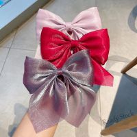 【Ready Stock】 ❧◙ C18 Large Bow Pearlescent Satin Ribbon Hair Clip / Women Ponytail Hairpins Solid Color Duckbill Clip Hair Accessories