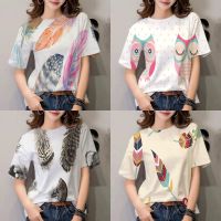 2023 newsummer เสื้อยืด3D พิมพ์แขนสั้น Feather Pattern Casual SLIM FIT Tops womenn