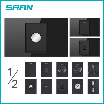 SRAN Delayed Touch Dimmer Voice Control 2Way Switch Black Crystal Glass Panel 118mm*72mm USB 3 Pins RJ 45  TV Socket
