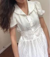 Kawaii Women Vintage Tie Bow Sashes White Lace Embroidery Dress Retro Puff Short Sleeve Slim Waist Mini Dresses Vestido