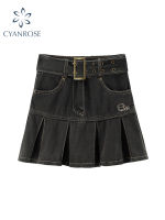 Spring Womens High Waist Denim Mini Pleated Skirt Harajuku Streetwear Vintage Loose Casual Ladies Y2K A-line Short Skirts