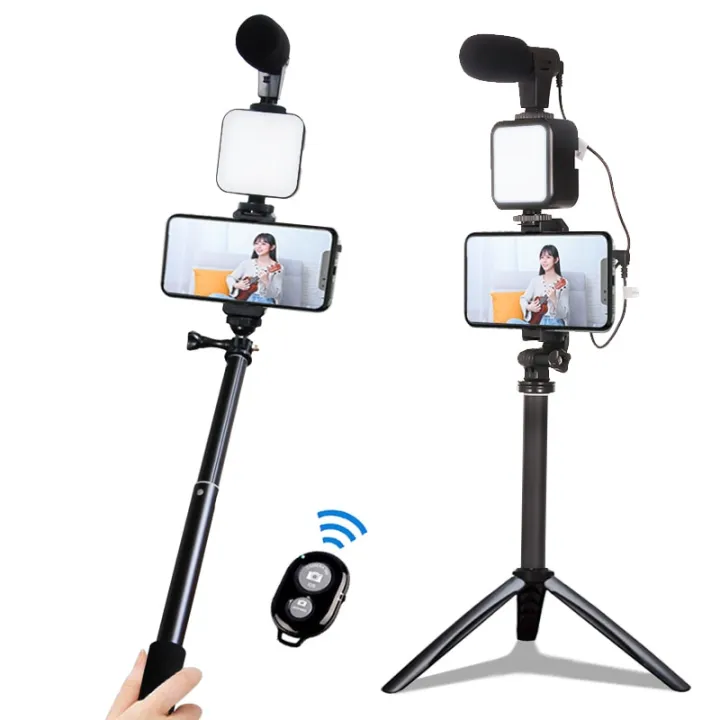 microphone-lampu-เติม-led-ขาตั้งกล้องแบบพกพาวิดีโอถ่ายทอดสดที่วางโทรศัพท์ไม้เซลฟี่ด้ามจับบันทึกที่จับเครื่องกันสั่นบลูทูธ
