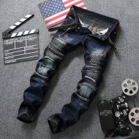 【Classic Hot】Dropshipping Biker Jeans MenS Distressed Stretch Ripped Biker Jeans Men Hip Hop Slim Fit Holes Punk Denim Jeans Cotton Birthday Present