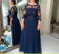 【YF】 ANGELSBIDEP Navy-Blue Mother Of The Bride Dresses A-line 3/4 Sleeves Chiffon Appliques Beaded Groom Evening Gown For Wedding