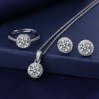 【CW】 Solitaire Lab Jewelry set 925 Sterling Wedding Rings Earrings Necklace Bridal Moissanite