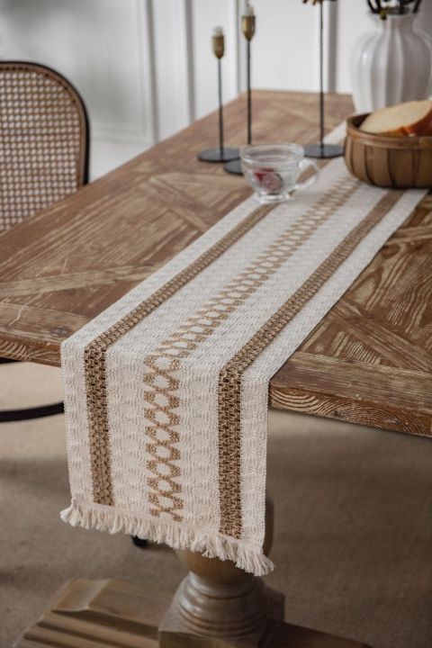 hot-ขายส่งเชือกป่านโบฮีเมียนผ้าคาดโต๊ะ-สไตล์อเมริกันย้อนยุคชนบทสีพื้นพู่ยาวผ้าปูโต๊ะฝรั่งเศส
