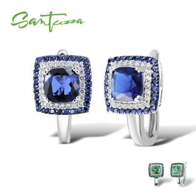 SANTUZZA Genuine 925 Sterling Silver Earrings For Women Square Green Spinel Blue White Cubic Zirconia brincos Party Fine Jewelry