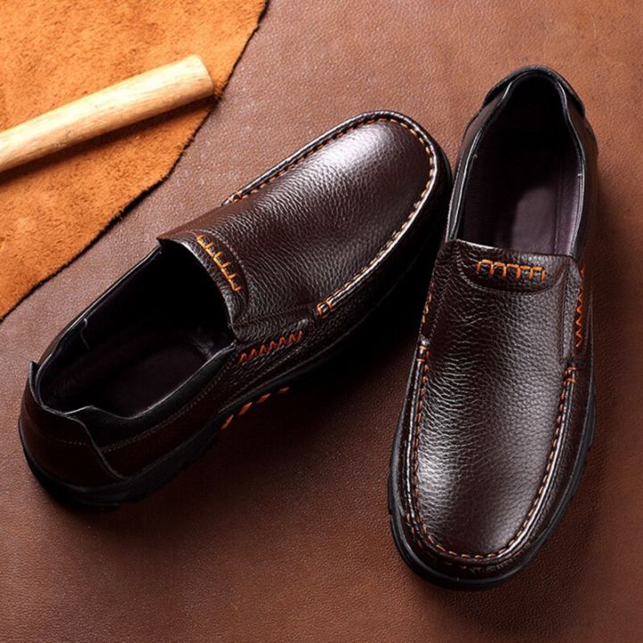 รองเท้าหนังแท้รองเท้าโลฟเฟอร์ผู้ชายรองเท้าลำลองผู้ชายหนังวัวอ่อนใหม่รองเท้าผู้ชาย-a2088แบบสลิปออนสีน้ำตาลดำ