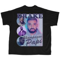 เสื้อยืดโอเวอร์ไซส์เสื้อยืดผ้าฝ้ายคอกลมแขนสั้นสีดําคลาสสิกพิมพ์ Drake Champagne Papi | Bootleg RapS-3XL  0LHZ