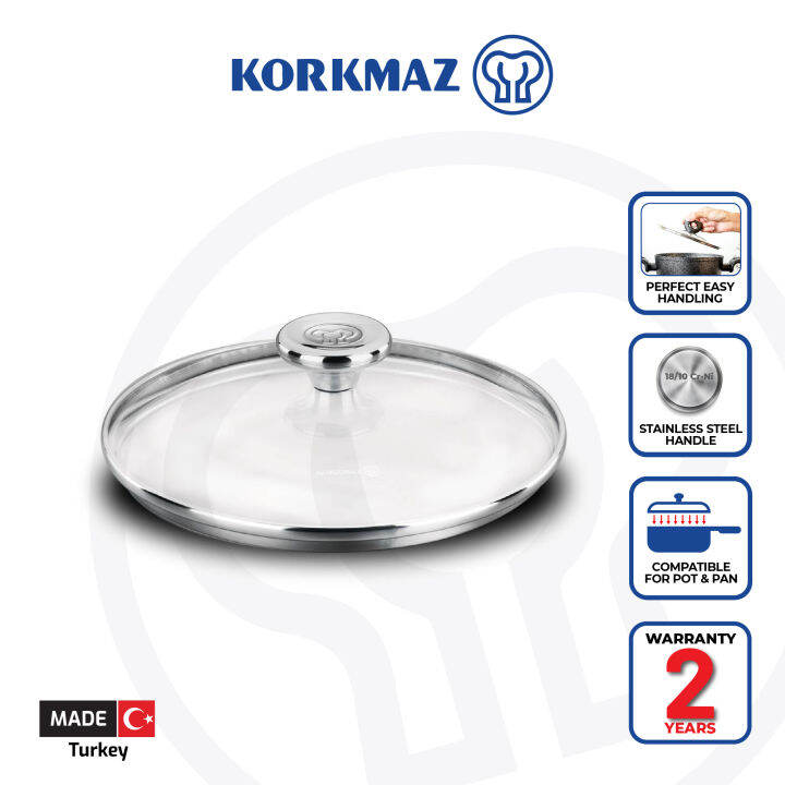 Korkmaz Aroma Glass Lid with Stainless Steel Handle Frying Pan Lid