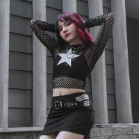 Fishnet Pentagram Mall Gothic Smock Tops Grunge Aesthetic Y2k เซ็กซี่ Sheer เสื้อยืดแขนยาว Punk Streetwear Crop Top