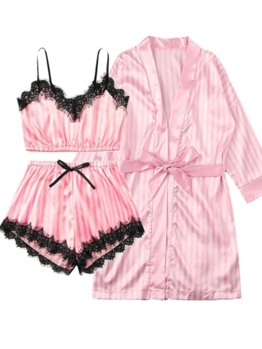 silk-satin-lace-robe-and-pajamas-set-women-summer-faux-silk-sleepwear-pink-stripe-pijamas-bathrobe-nightgown-homewear-robe-set