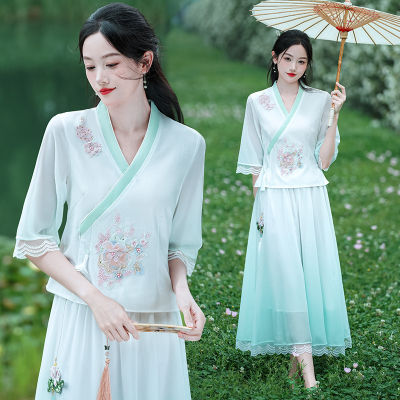 เสื้อ Hanfu ชุดจีนชุดน้ำชาไขว้คอปกสไตล์จีนวินเทจใหม่ปี2023 + กระโปรงสั้น