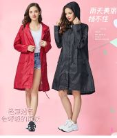 Womens Stylish Long Rain Jacket Waterproof Poncho Raincoat with Hood and Pockets