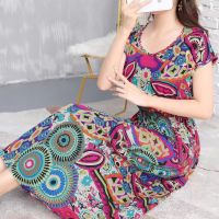 【YF】 Casual Elegant Sexy Fashion Round Neck Printed Geometric Pattern Waist Short Sleeve Dress Long For Woman 2023