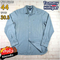 Tommy Hilfiger®แท้ อก 44 เสื้อเชิ้ตผู้ชาย ทอมมี่ ฮิลฟิกเกอร์ สีฟ้า เสื้อแขนยาว เนื้อผ้าดี