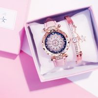 ◐☞﹍ 2Pcs Set Women Fashion Watches Starry Sky Ladies Bracelet Watch Casual Leather Sports Quartz Watches