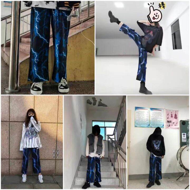 tthouse-ready-stock-summer-lightning-printed-high-waist-wide-leg-pants-straight-leg-casual-pants-for-men-and-women-korean-style-ins-harajuku-bf-wind-pants-uni-pants-seluar-lelaki-seluar-lurus-kasual-w