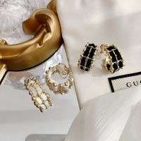 【YF】 Golden Vintage Black Ribbon Weave Geometric Hoop C Shape Clip on earrings Non Pierced for Women Jewelry Gift