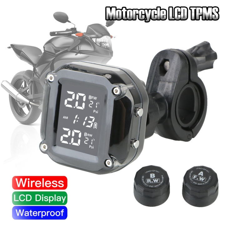 Motorcycle TPMS Tire Pressure Monitoring System with 2 External Sensors LCD  Display Motorbike Tyre Temperature Alarm