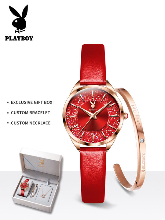 playboyควอตซ์เซ็ตนาฬิกาสำหรับผู้หญิง-new-usaยี่ห้อแฟชั่นหนังสายคล้องคอคริสตัลนาฬิกานาฬิกากันน้ำสำหรับแฟน
