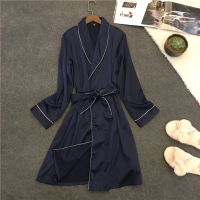 Ms han edition age season womens robe pajamas the summer of emulation silk nightgown to take long sleeve dressing gown