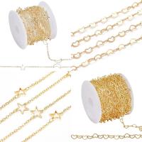 1Set 4M 4 Style Star &amp; Moon &amp; Heart Brass Link Chains Unwelded with Card Paper Golden 2x1.9x0.3mm 4x2.5x0.5mm 8x8x1mm 6.5x4.5x0.3mm 1M/style