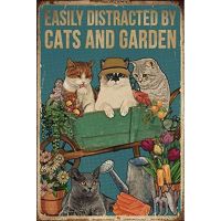 Easily Distracted by Cats and Garden Retro Metal Tin Sign Vintage Aluminum Sign for Home Coffee Wall Decor metal sign