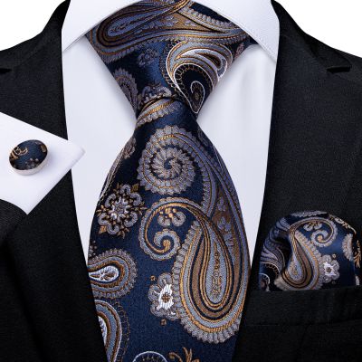 Luxury Blue Gold Paisley Men 39;s Tie Business Wedding Formal Neck Tie For Men Gift Cravate Silk Tie Handkerchief Cufflinks DiBanGu