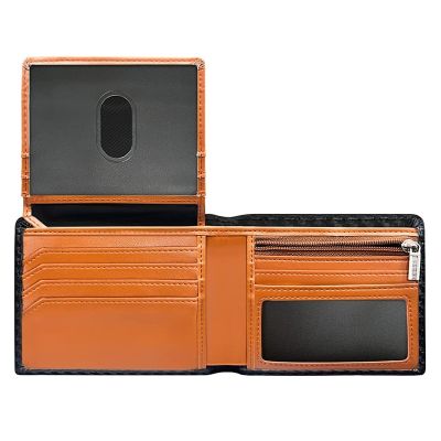 【JH】Bi-Fold Wallet Slim Simple Carbon Fiber Contrast Color RFID Blocking Leather Zipper Coin Pouch Mens Wallet