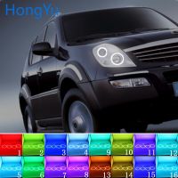 ไฟหน้า Rgb หลายสีแอลอีดีดวงตานางฟ้าแหวนเฮโล Drl Rf รีโมทคอนโทรลสำหรับ Ssangyong Rexton 2003 2005อุปกรณ์เสริม