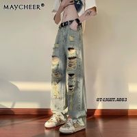 MAYCHEER   กางเกงไฮเอนด์ชุดลำลองย้อนยุคของผู้ชายกางเกงยีนส์แต่งลายขาดๆดีไซน์สีเหลืองหม่น