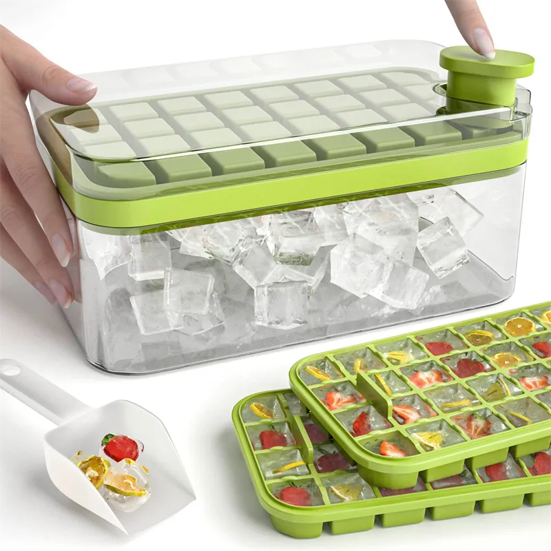 Ice Cube Tray with Lid and Bin for Freezer 64 Cube Ice Cube Tray Stackable  Easy Release Ice Cube Molds for Cocktail Whisky Coffee with Scoop Ease Of  Use Cleaning (Green, two-tier)