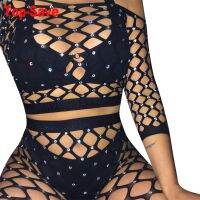 (Xianle Clothing)2021ใหม่สุภาพสตรี Bodystocking Fishnet ถุงน่อง Handmade Rhinestone Diamond ผู้หญิงเซ็กซี่2ชิ้นชุด Crop Top และกางเกงดินสอ