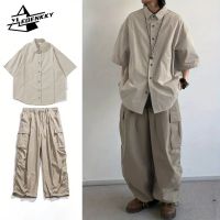 【CC】△☾☸  Loose Set Men Color Breathable Quick-drying Shirt Vintage Multi-pocket Pants Couple Two-piece