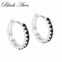 Black Awn Classic 925 Sterling Silver Round Black Trendy Spinel Engagement Hoop Earrings for Women Fine Jewelry Bijoux I163