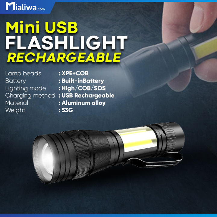 Mini LED Torch Light USB Rechargeable Zoomable Flashlight