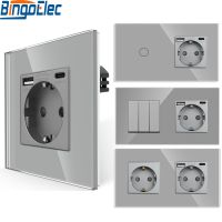 Bingoelec EU Standard Wall Light Switch gray Crystal Glass Panel Switch Panel With Wall Socket With tomada usb type-c Electrical Circuitry  Parts