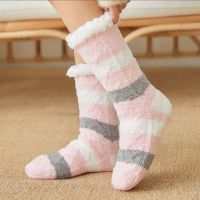 Plush Floor Socks Women Winter Warm Soft Coral Fleece Female Striped Comfy Bedroom Silicone Non Slip Thermal Slippers Sock Fuzzy Socks Tights