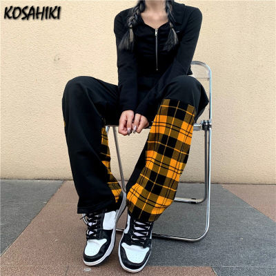 KOSAHIKI High Waist Women Casual Pants 2021 Harajuku Plaid Patchwork Print Streetwear Baggy Vintage Wide Leg Trouser Ins Fashion