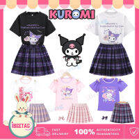 Sanrio Melody Kuromi Sweet Girl T-shirt และ JK Dress กระโปรงลายสก๊อต 2 ชิ้นพร้อมโบว์ฟรีชุดนักเรียนคอสเพลย์ปาร์ตี้ เสื้อยืด + ชุดกระโปรงสั้น